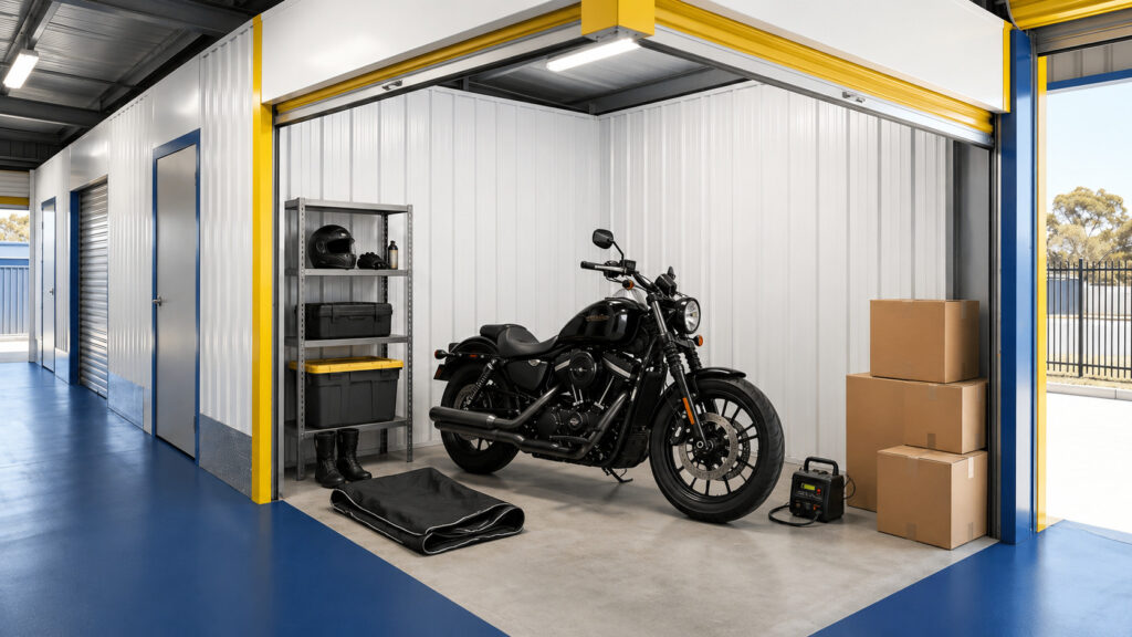 Motorcycle prepared for long-term storage in a secure storage unit in Perth