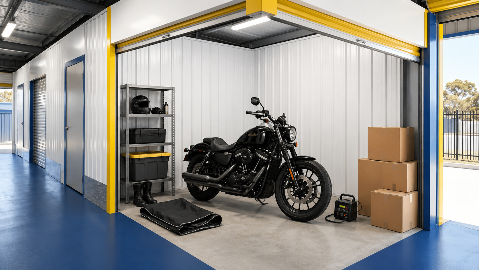 Motorcycle prepared for long-term storage in a secure storage unit in Perth